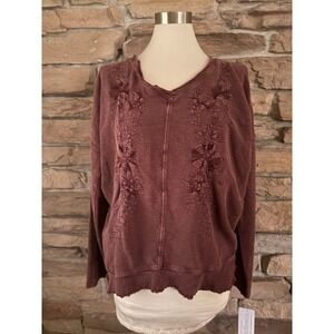 Karyn Seo Womens Embroidered V-Neck Top Brown Cotton Slub Frayed Hem CTVK216 L